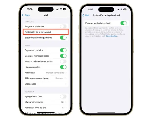 Ajustes de Mail en iPhone: "Protección de la privacidad" activada. Aprende como activar la localizacion de mi iPhone.