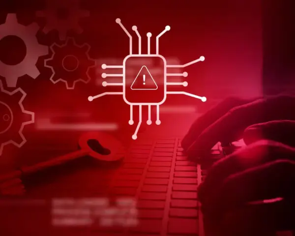 Manos tecleando, engranajes y una llave junto a un chip con alerta, simbolizando un virus digital.