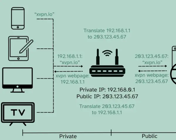 Diagrama muestra cómo una IP privada (ej. 192.168.1.1) se traduce a una IP pública (ej. 203.123.45.67) para acceder a internet.