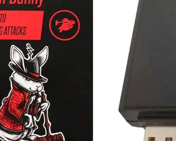 Un libro sobre "Bash Bunny" y un dispositivo USB negro. El libro muestra un conejo con sombrero y abrigo, listo para atacar.