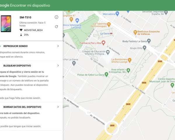 Pantalla de "Encontrar mi dispositivo" de Google. Muestra un tablet SM-T510 y un mapa. ¡No encuentro mi móvil!