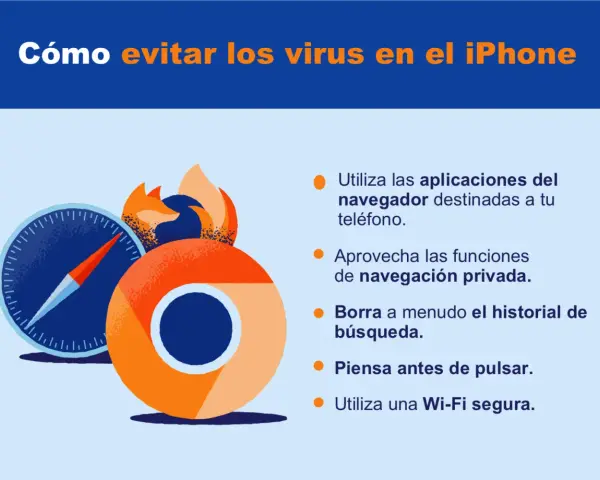 Iconos de navegadores (Safari, Chrome, Firefox) y consejos para evitar virus en iPhone.