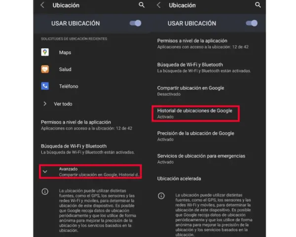 Ajustes de ubicación en Android. Muestra cómo activar el historial para ver la ubicación de un contacto.