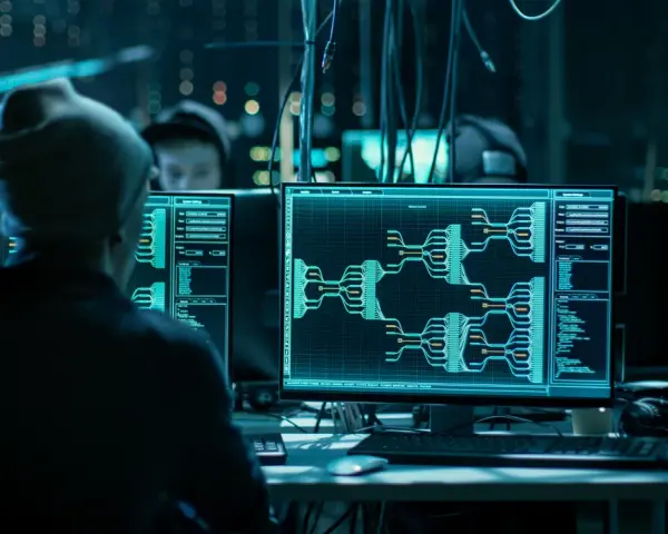 Un ordenador hacker en un cuarto oscuro, con pantallas mostrando diagramas de flujo y código.