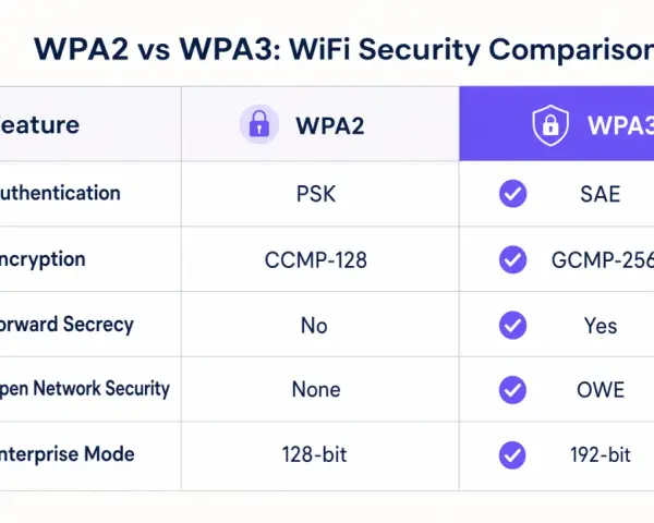 Tabla comparativa de seguridad WiFi: WPA2 vs WPA3. Muestra características como autenticación, cifrado y claves wifi WPA WPA2.