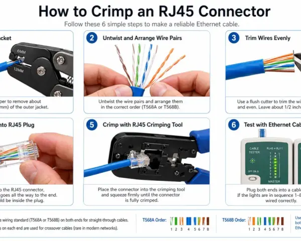 Guía paso a paso para crimpar un conector RJ45, incluyendo el orden de los cables T568A/B y la prueba con un tester.