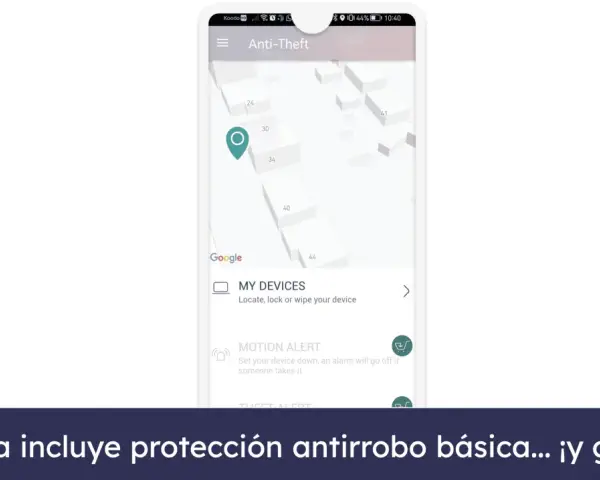 Descargar antivirus gratis para tablet Android en español. La app Anti-Theft muestra un mapa y opciones para localizar tu dispositivo.