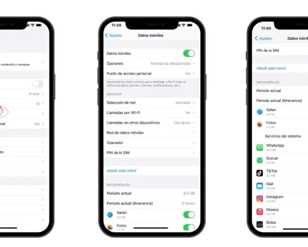Captura de pantalla de un iPhone mostrando la configuración de "Datos móviles" para encontrar mi móvil iPhone. Se ve el uso de datos de Safari y Fotos.