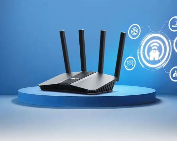 Router con antenas y diagrama de red con iconos de seguridad y conexión.