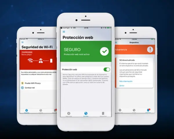 Tres móviles muestran interfaces de seguridad: Wi-Fi en peligro, protección web activa y advertencia de SO desactualizado. Ideal para pasar antivirus al móvil.