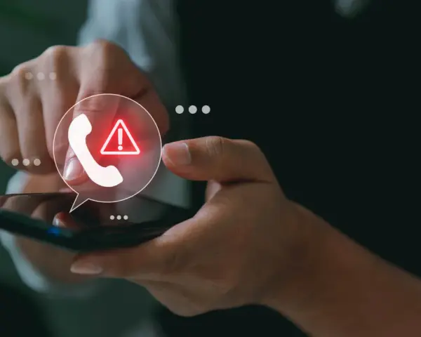 Mano sosteniendo un teléfono con un icono de llamada y advertencia.