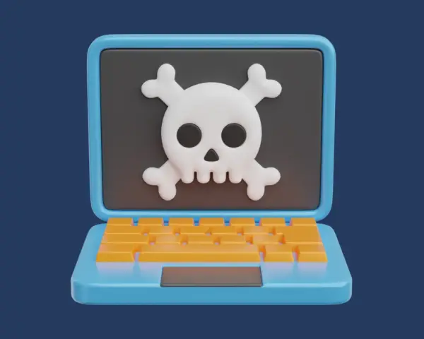 Un portátil azul con un teclado naranja muestra una calavera y tibias cruzadas, un símbolo de peligro. Esto ilustra qué es el scareware.