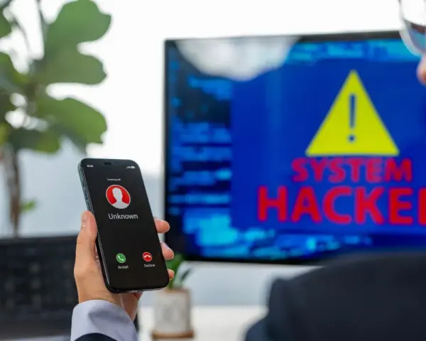Un hombre recibe una llamada de un número desconocido mientras en la pantalla se lee "SYSTEM HACKED". ¡He sido hackeado!
