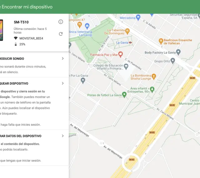 Pantalla de "Encontrar mi dispositivo" de Google. Muestra un tablet SM-T510 y un mapa. ¡No encuentro mi móvil!