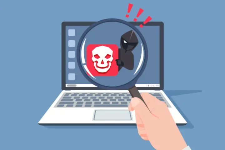 Lupa amplía un icono de calavera sonriente y un hacker, indicando la amenaza del virus Melissa.