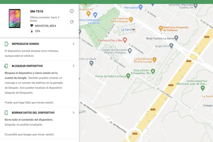 Pantalla de "Encontrar mi dispositivo" de Google. Muestra un tablet SM-T510 y un mapa. ¡No encuentro mi móvil!
