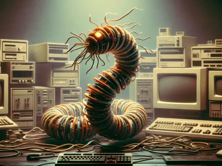 Un gusano morris, hecho de cables y circuitos, emerge de una pila de computadoras antiguas.