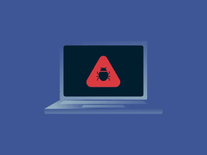 Laptop con alerta de virus. Un icono de insecto rojo dentro de un triángulo de advertencia en la pantalla indica la necesidad de un análisis de virus.
