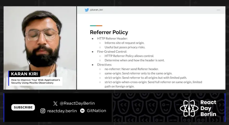Karan Kiri explica la política de Referrer, detallando cómo mejorar la seguridad web usando Mozilla Observatory.
