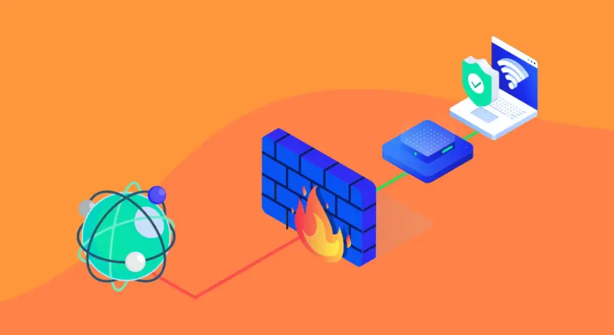 Un firewall protege tu red. Un globo atómico se conecta a través de un muro de ladrillos en llamas a un dispositivo y luego a un portátil con un escudo de seguridad.