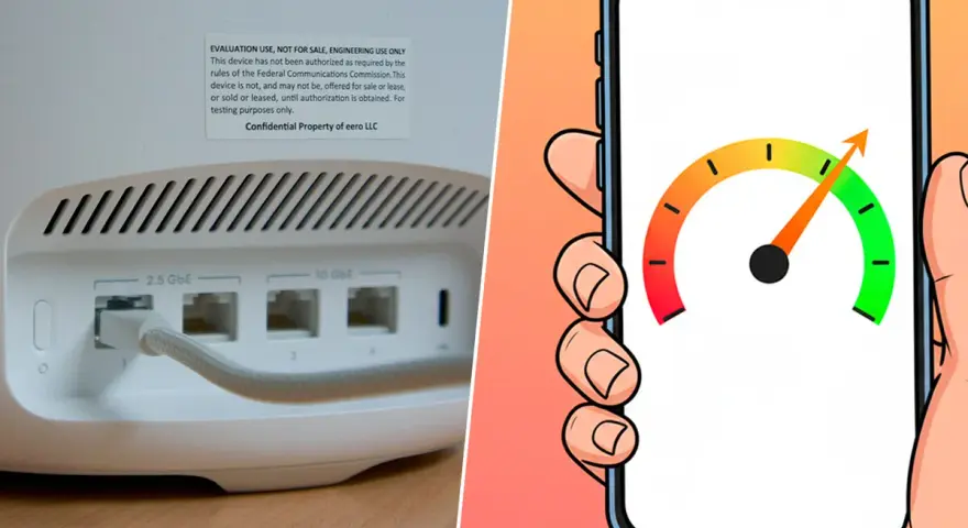 Velocidad de internet en un smartphone, con un medidor de rendimiento alto, junto a un router con puertos 2.5 GbE y 10 GbE, anticipando el futuro IEEE 802.11be.