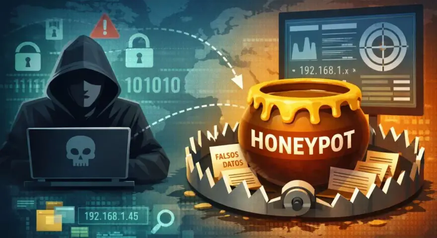 Un hacker acecha tras un portátil con calavera. Un **honeypot** atrae con falsos datos en una trampa.