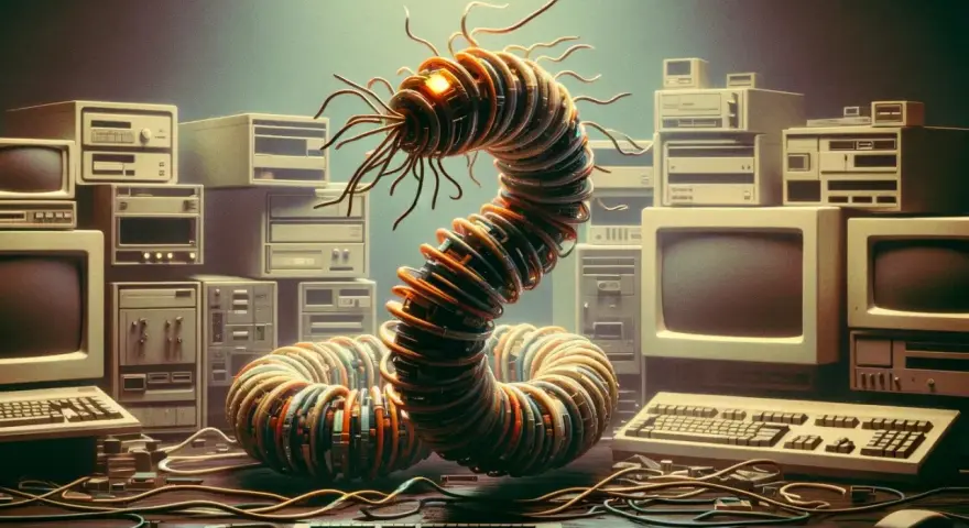 Un gusano morris, hecho de cables y circuitos, emerge de una pila de computadoras antiguas.