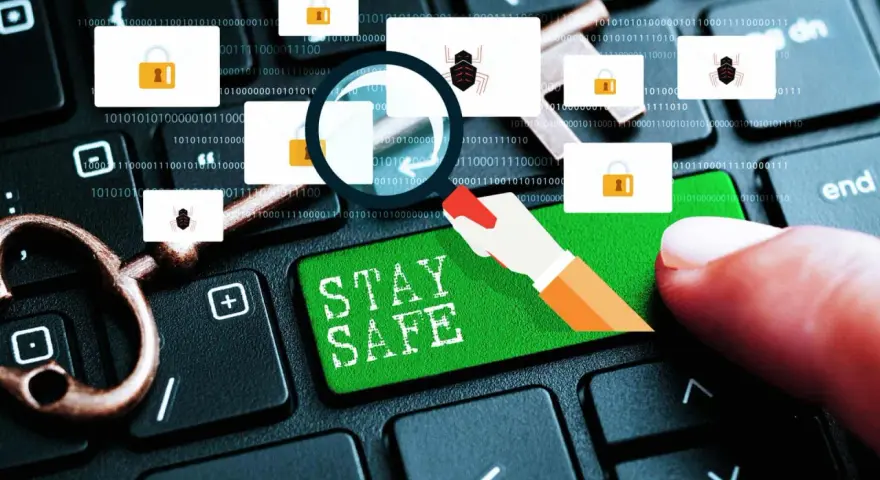 Un dedo presiona "STAY SAFE" en un teclado. Iconos de sobres con candados y arañas sugieren un enlace seguro y amenazas.