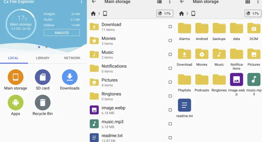 Explora carpetas como "Descargas", "Música" y "Fotos" en tu almacenamiento principal. Busca aplicaciones ocultas y gestiona tus archivos.