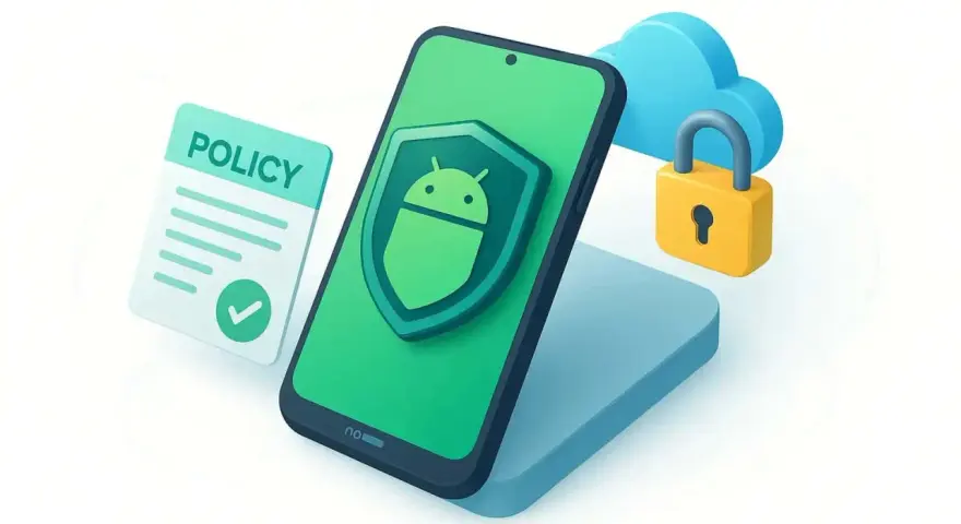 Un teléfono con un escudo de Android, un documento de "POLICY" y un candado en una nube. Así funciona la device policy para proteger tus datos.