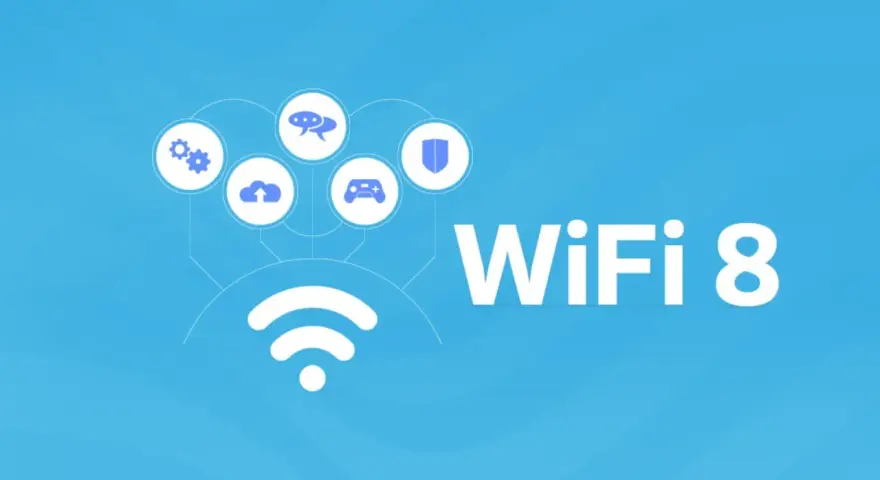 Iconos de configuración, nube, chat, mando y escudo conectados a un símbolo de wifi. Texto "WiFi 8".