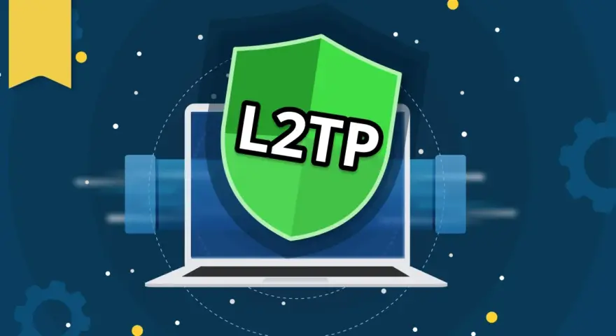 Un portátil con un escudo verde que dice "L2TP" sobre un fondo azul oscuro con engranajes y puntos.