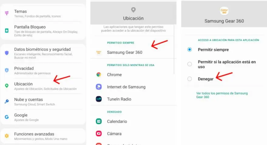 Configuración de ubicación en Android. Se muestra cómo denegar el permiso de ubicación a Samsung Gear 360.