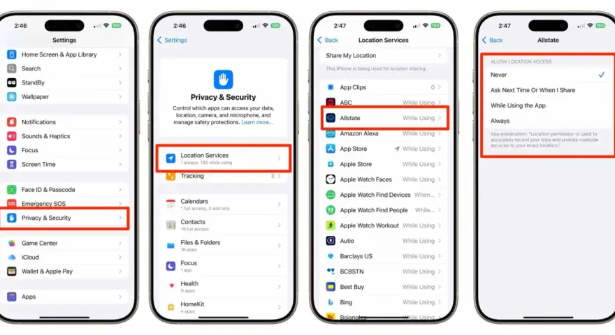 Configura tu iPhone para cambiar ubicación de Allstate. Accede a Privacidad y Seguridad, luego a Servicios de Ubicación y elige la opción deseada.