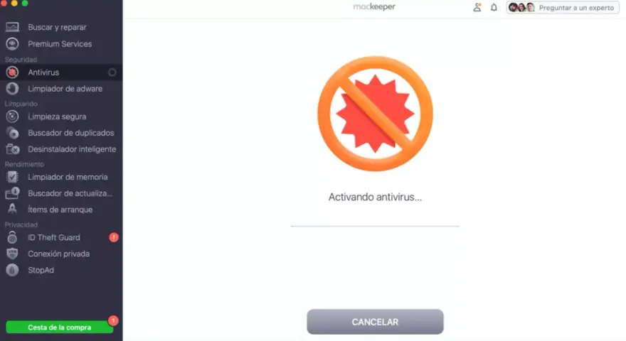 Icono de prohibido con un virus rojo en el centro, indicando que se está activando el antivirus en Mac.