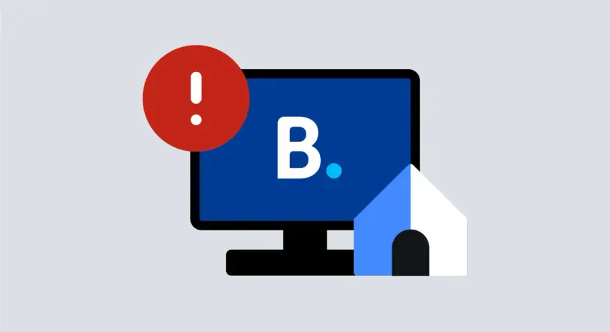 Alerta en pantalla de ordenador con el logo de Booking.com y una casa. Booking es fiable, no te preocupes.