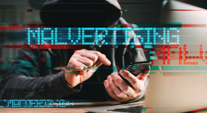 Persona con capucha usa un teléfono, con el texto "MALVERTISING" superpuesto, ilustrando qué es el malvertising.