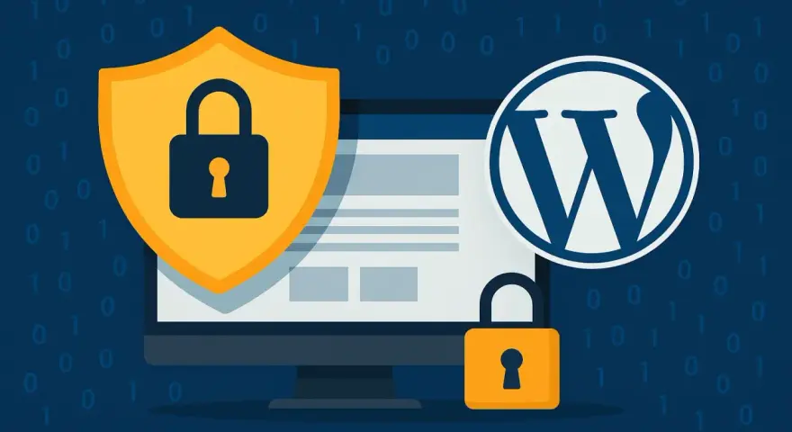 Escudo y candados protegen un monitor con el logo de WordPress. La **seguridad WordPress** es clave.