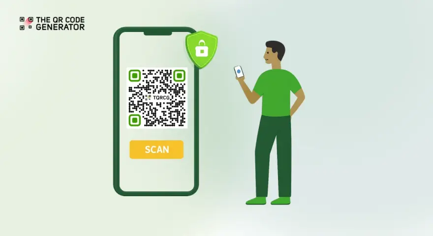Hombre escanea un código QR en un teléfono. Un escudo de seguridad verde con un candado indica que es un QR falso.
