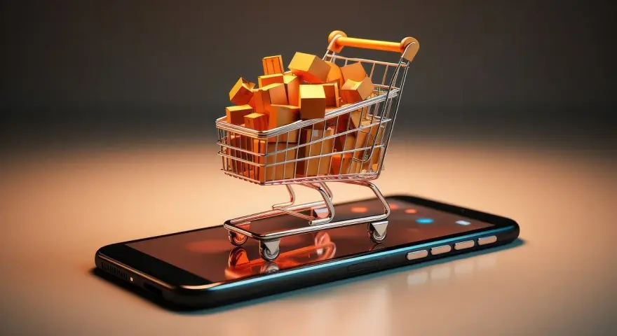 Carrito de compras lleno de cajas doradas sobre un teléfono móvil, simbolizando una posible estafa de compra online.