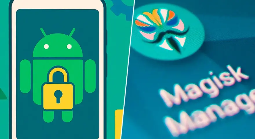 Icono de Android con candado y logo de Magisk, ilustrando el proceso de rootear Android para mayor control.