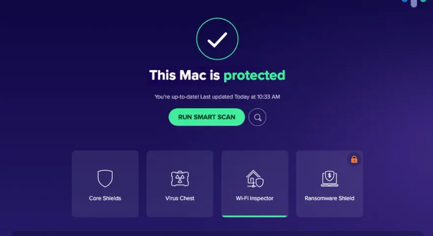 Interfaz de Avast Security mostrando "This Mac is protected". Ofrece un escaneo inteligente y opciones como Core Shields, Virus Chest, Wi-Fi Inspector y Ransomware Shield. Es un antivirus para Mac gratis.