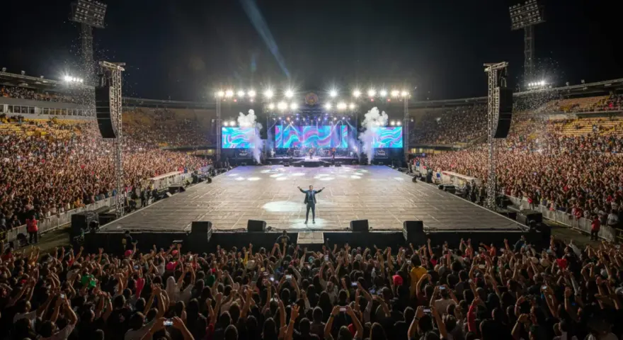 Artista en un estadio ante miles de fans. La multitud levanta sus teléfonos, como si quisieran saber **como ver ubicación en tiempo real** de sus amigos en el concierto.