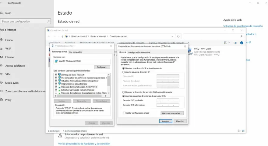 Ventana de configuración de red, mostrando opciones para borrar DNS y configurar la conexión.