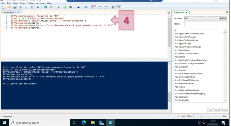 Script de PowerShell para crear un grupo de usuarios FTP. El número 4 señala la acción de ejecutar el script.