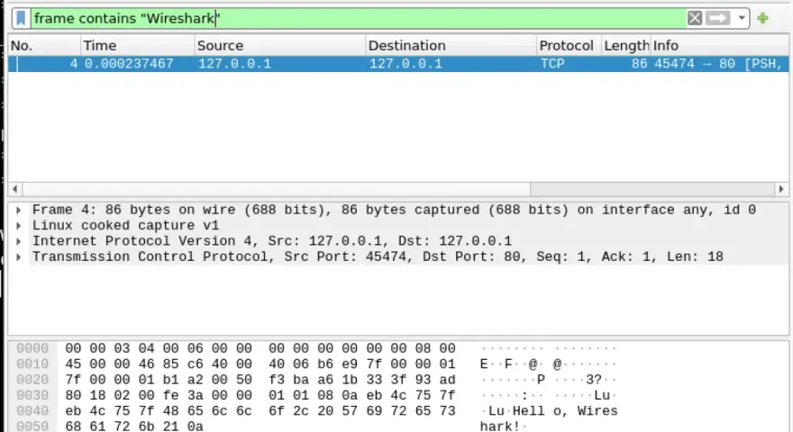 Captura de paquetes en Wireshark. Muestra un paquete TCP con información de origen y destino, útil para un wireshark tutorial.