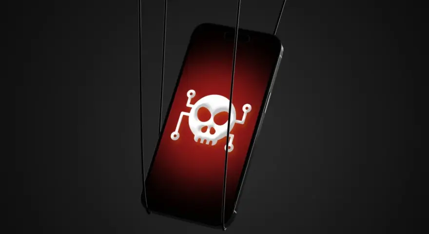 Un iPhone con un símbolo de calavera y tibias cruzadas en la pantalla, sugiriendo cómo saber si mi iPhone tiene un virus.
