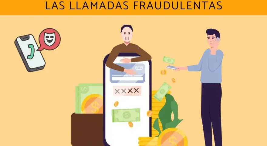 Ilustración sobre qué es el vishing, con un teléfono y un personaje que parece estafar. Dinero y tarjetas de crédito.
