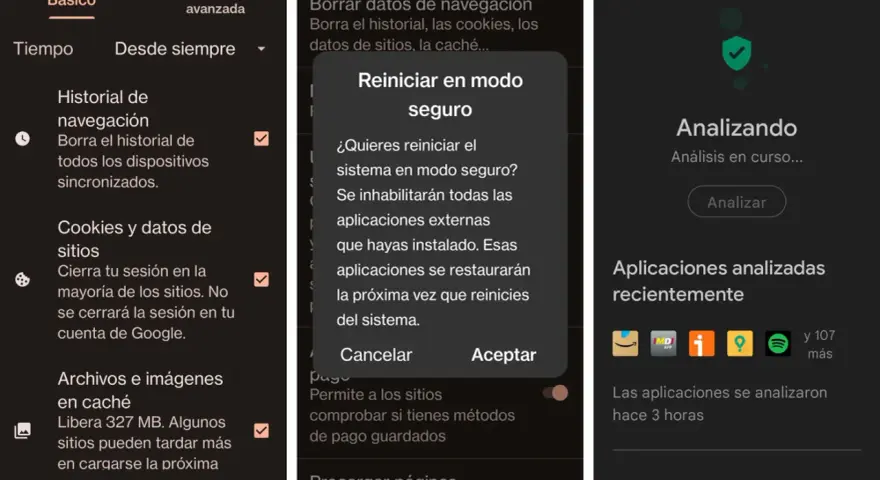 ¿Cómo saber si mi tablet tiene virus? Pantallas de configuración de privacidad y Play Protect, mostrando análisis y opciones de reinicio seguro.