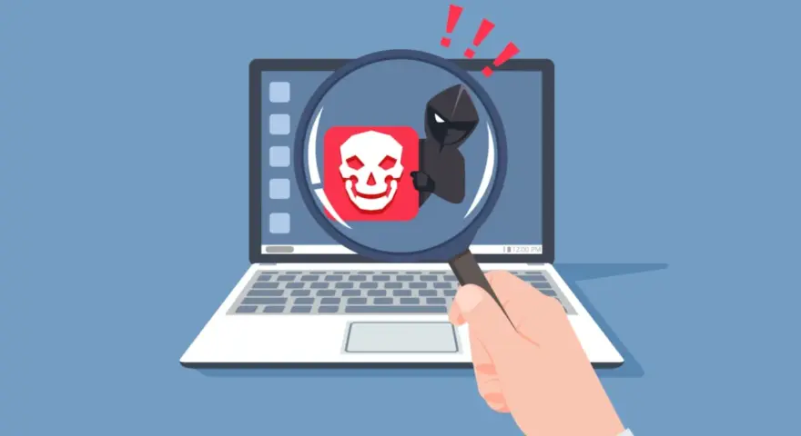 Lupa amplía un icono de calavera sonriente y un hacker, indicando la amenaza del virus Melissa.